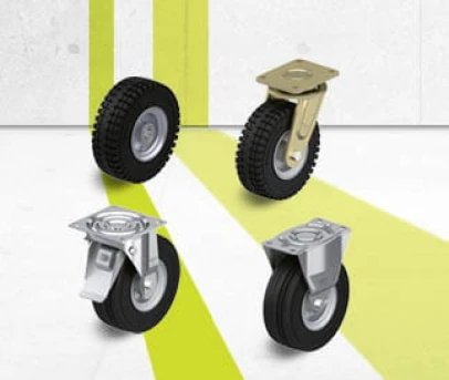 Wheel and castor series with super-elastic solid rubber tyres