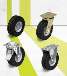 Wheel and castor series with super-elastic solid rubber tyres